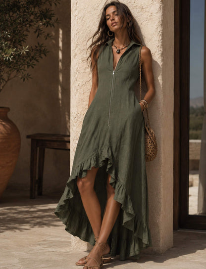 Romantisches Maxikleid mit Rüschen und asymmetrischem Saum