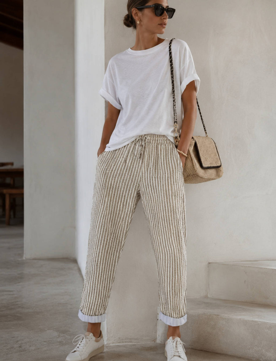 Gestreifte Damenhose mit Kordelzug, Cropped