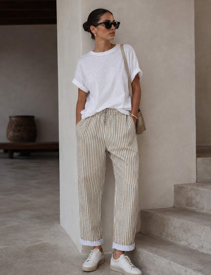 Gestreifte Damenhose mit Kordelzug, Cropped