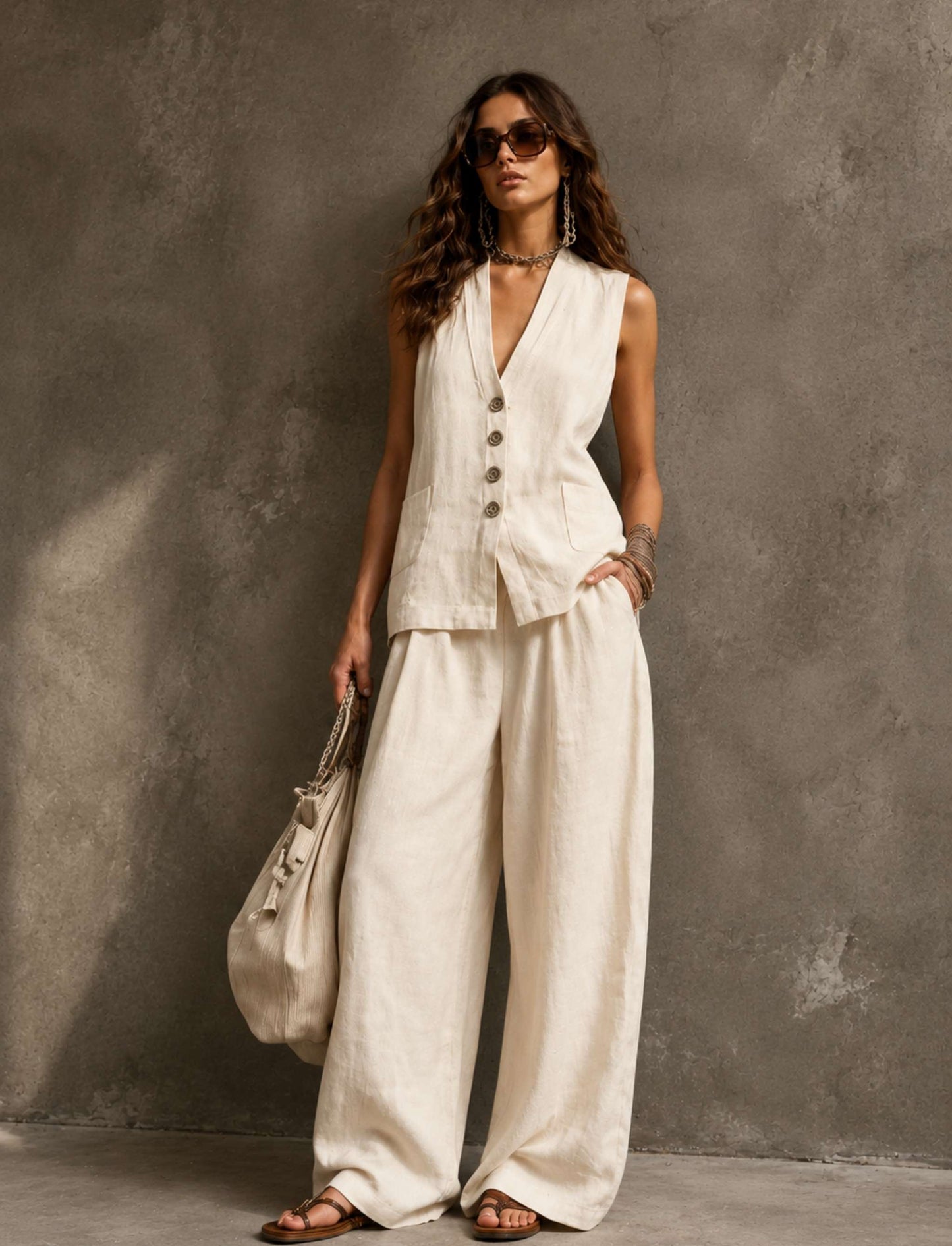 Damen Zweiteiler mit Weste und weiter Hose
