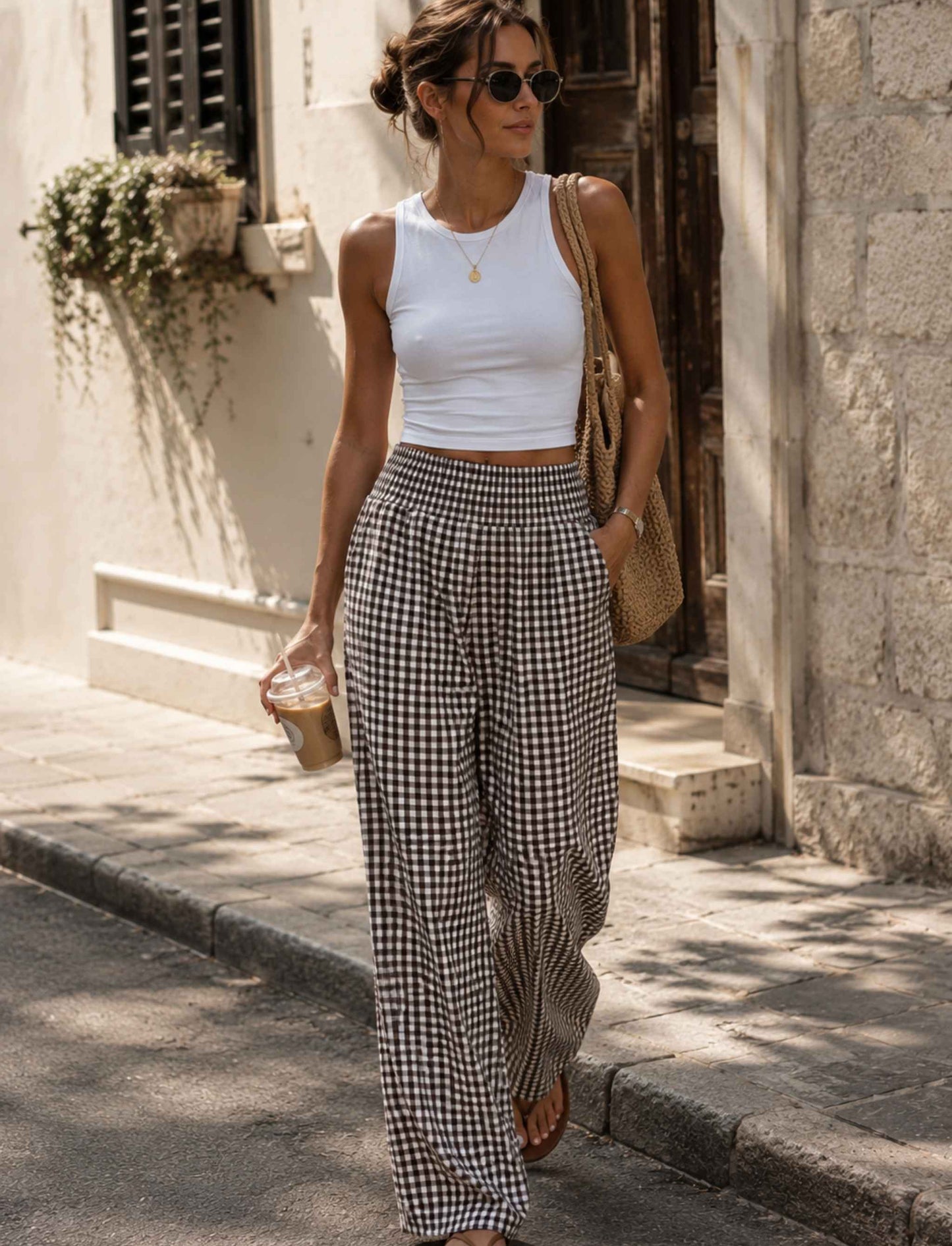 Damen Palazzo Hose mit Vichy-Karo und weitem Bein