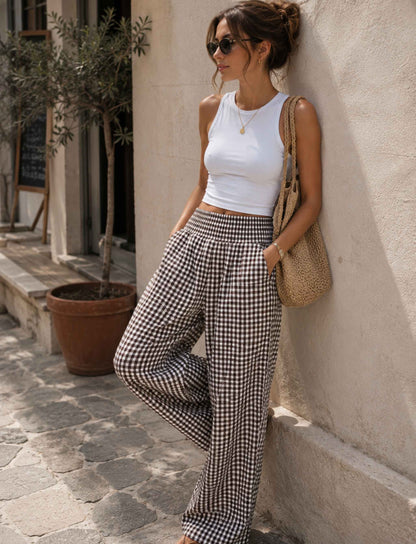 Damen Palazzo Hose mit Vichy-Karo und weitem Bein