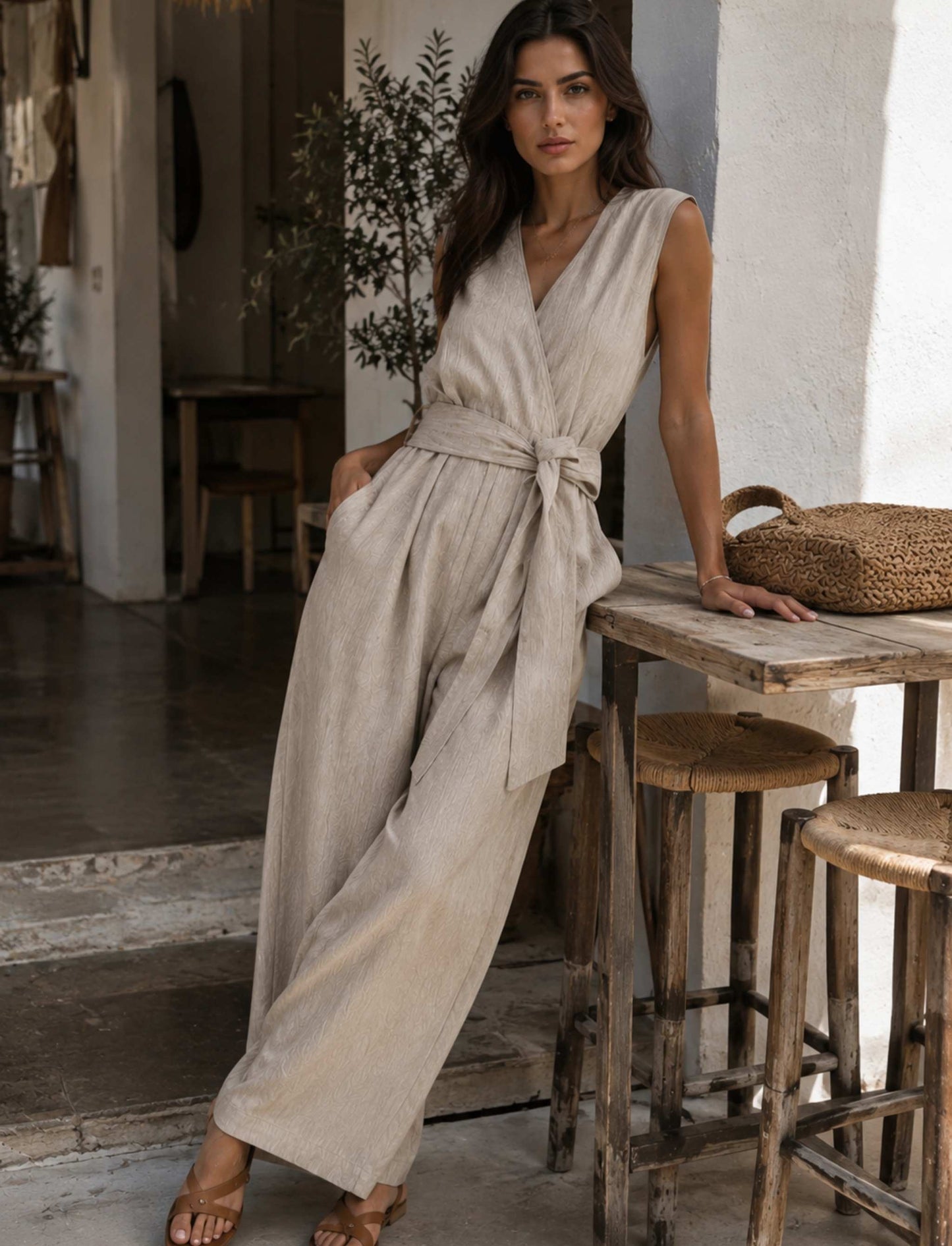 Damen Jumpsuit mit weitem Bein, V-Ausschnitt und Bindegürtel