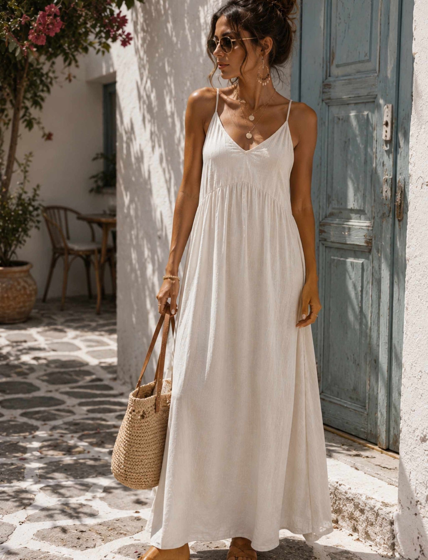 Damen Maxikleid mit Spaghettiträgern aus Viskose-Leinen-Mix