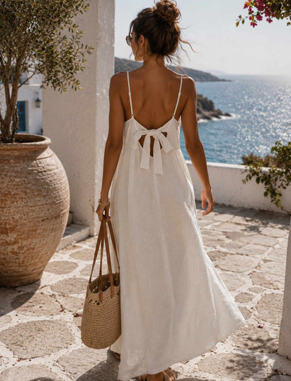 Damen Maxikleid mit Spaghettiträgern aus Viskose-Leinen-Mix