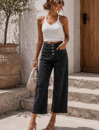 Moderne Damen High-Waist Wide-Leg Jeans mit Knopfleiste