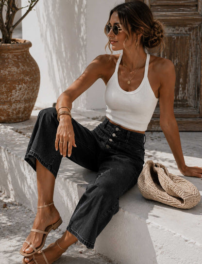 Moderne Damen High-Waist Wide-Leg Jeans mit Knopfleiste