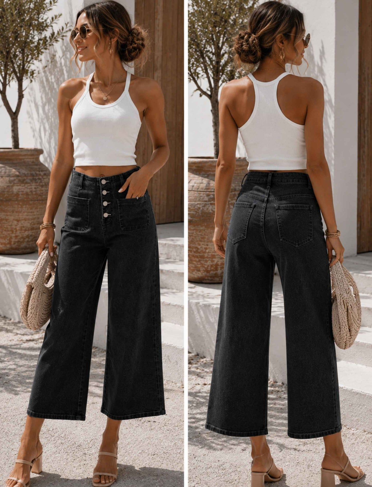 Moderne Damen High-Waist Wide-Leg Jeans mit Knopfleiste