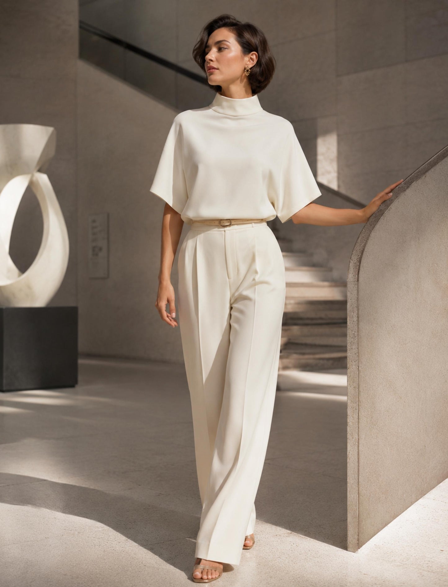 Modernes Damen Shirt mit Stehkragen und weitem Kurzarm
