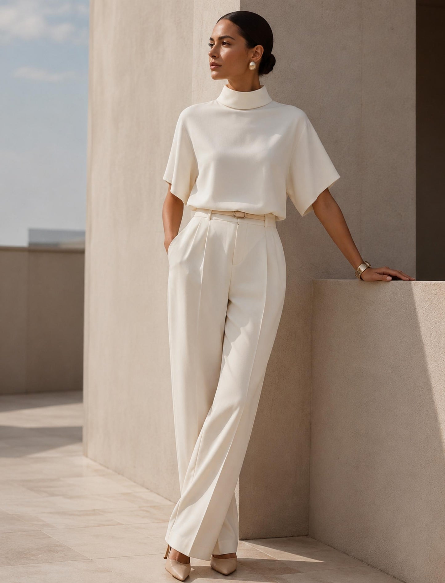 Modernes Damen Shirt mit Stehkragen und weitem Kurzarm