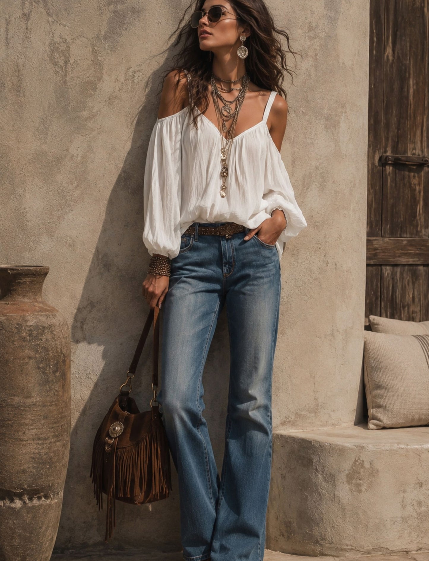 Damen Cold Shoulder Bluse mit Ballonärmeln und Bindung