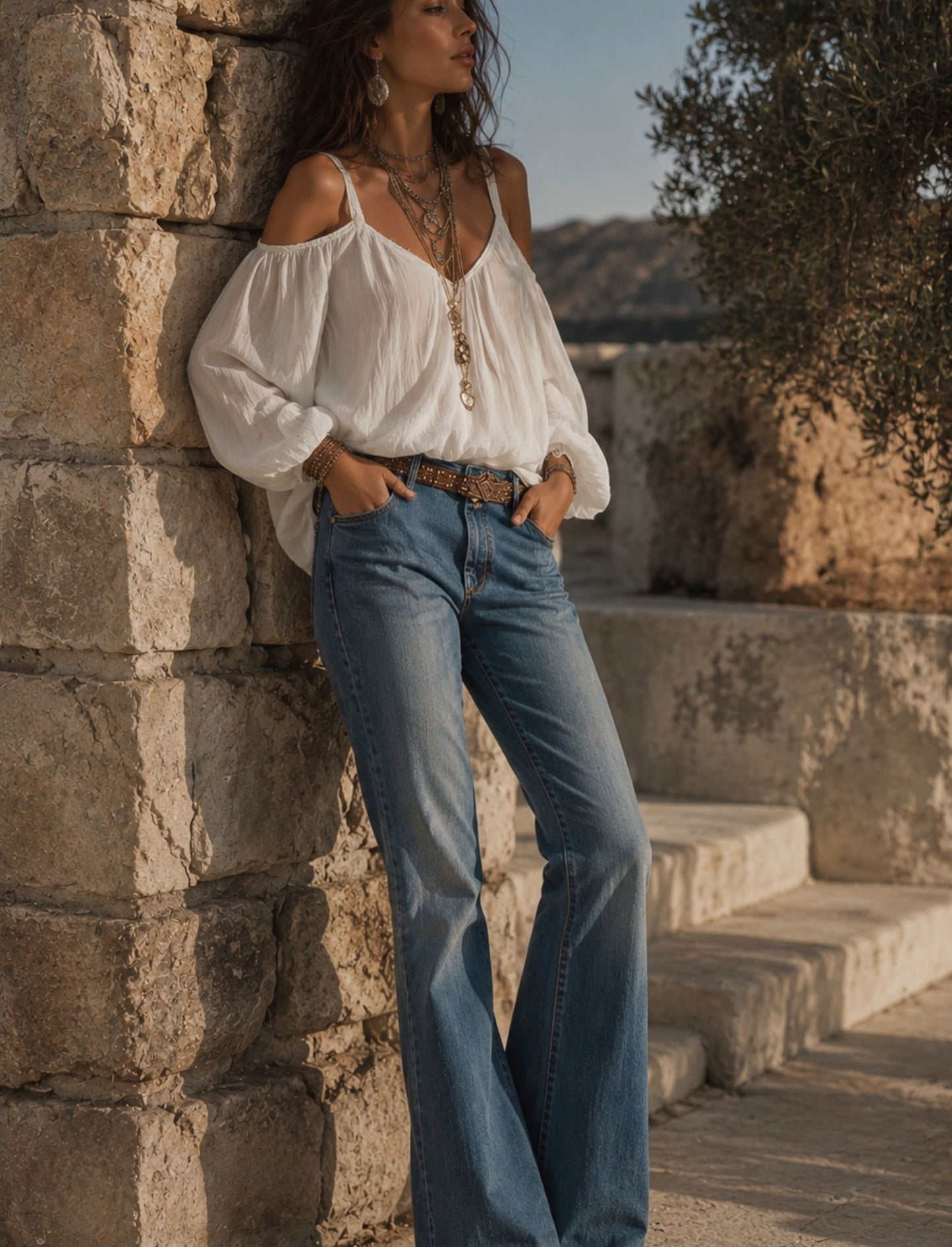 Damen Cold Shoulder Bluse mit Ballonärmeln und Bindung