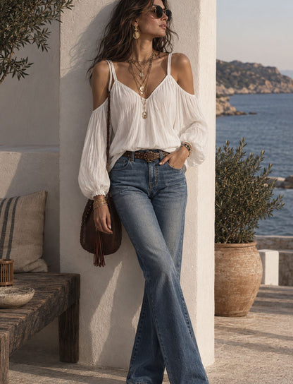 Damen Cold Shoulder Bluse mit Ballonärmeln und Bindung