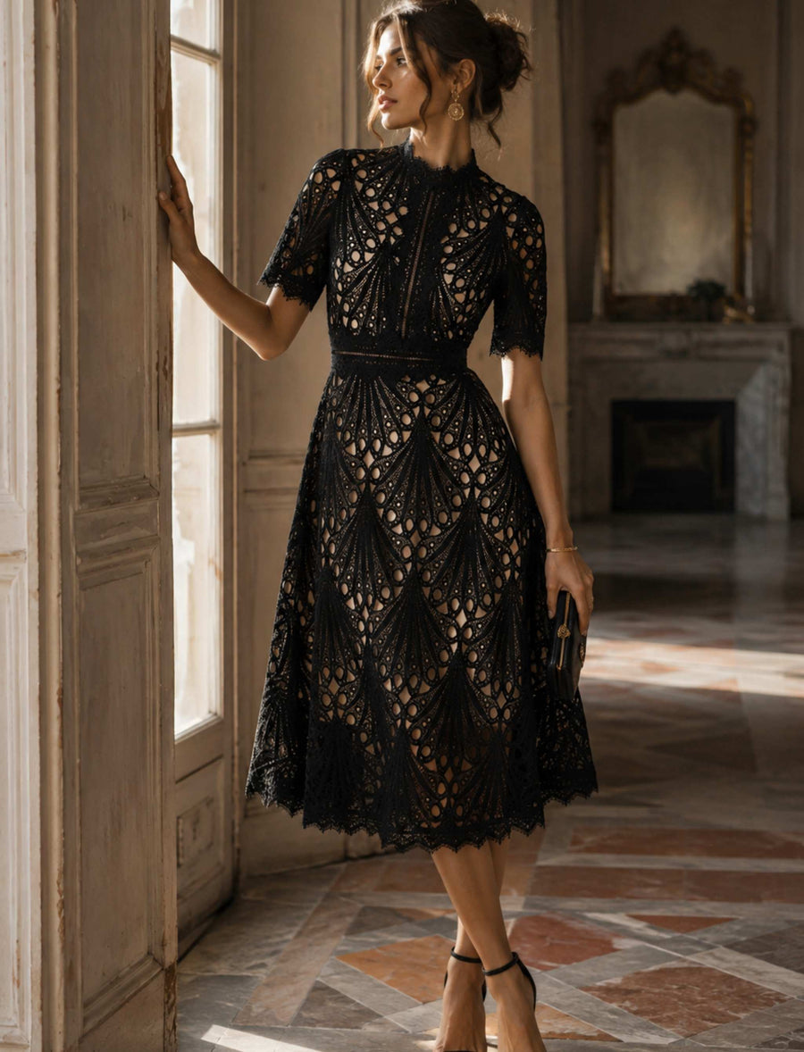 Damen Spitzenkleid Midi mit kurzen Ärmeln und Reißverschluss
