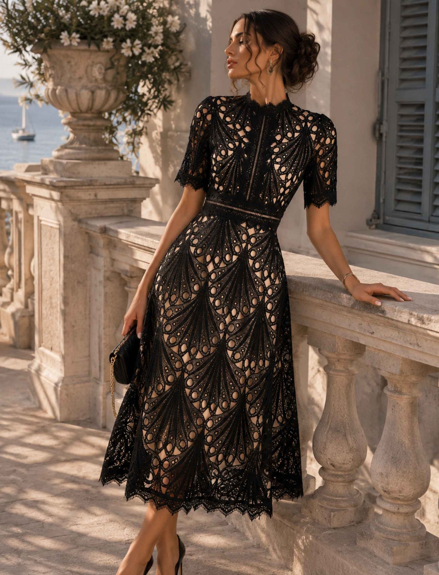 Damen Spitzenkleid Midi mit kurzen Ärmeln und Reißverschluss
