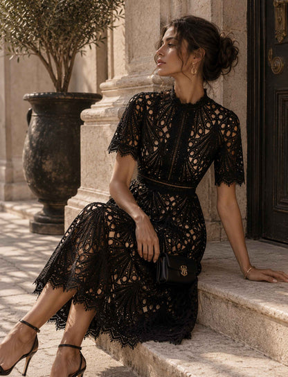 Damen Spitzenkleid Midi mit kurzen Ärmeln und Reißverschluss