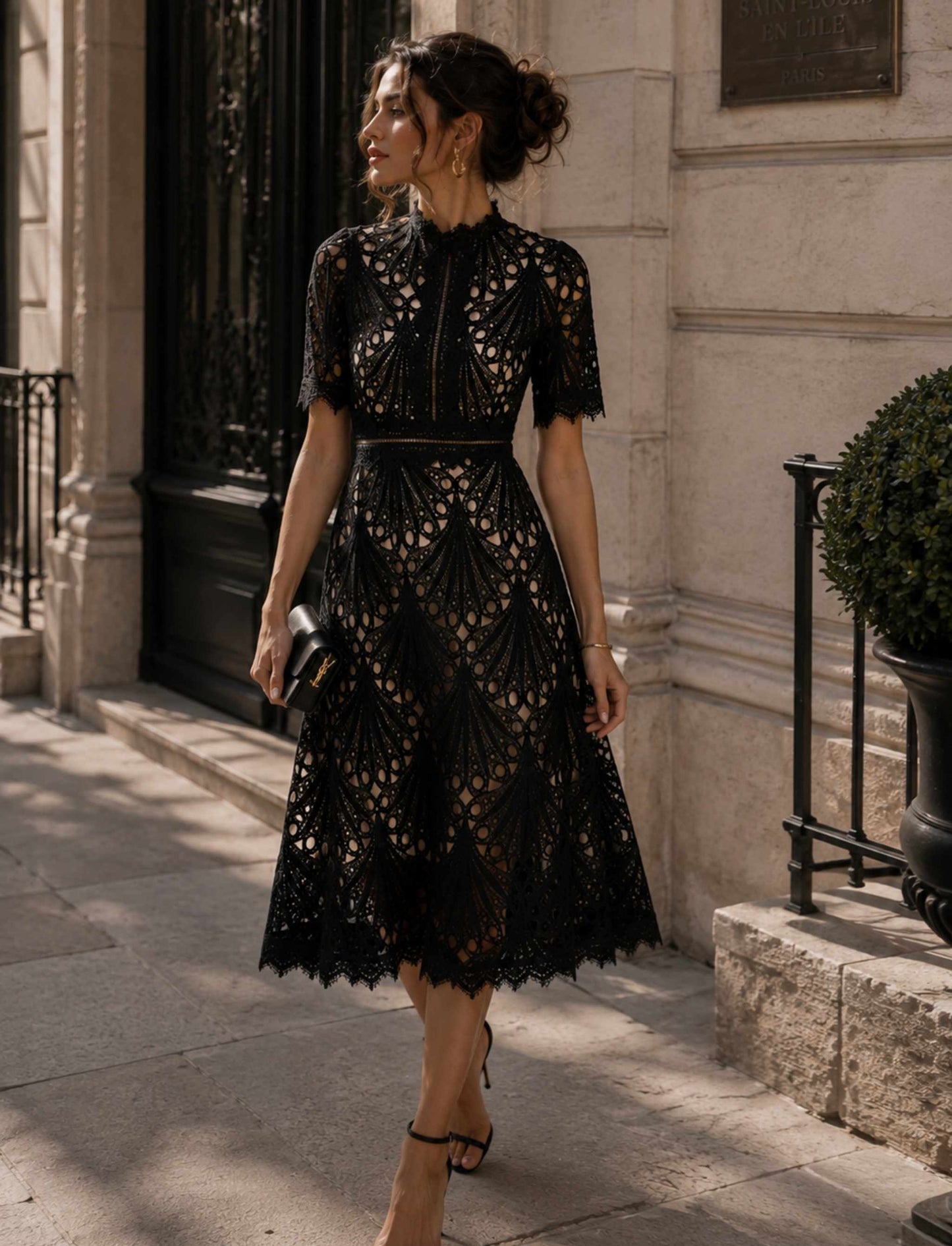 Damen Spitzenkleid Midi mit kurzen Ärmeln und Reißverschluss