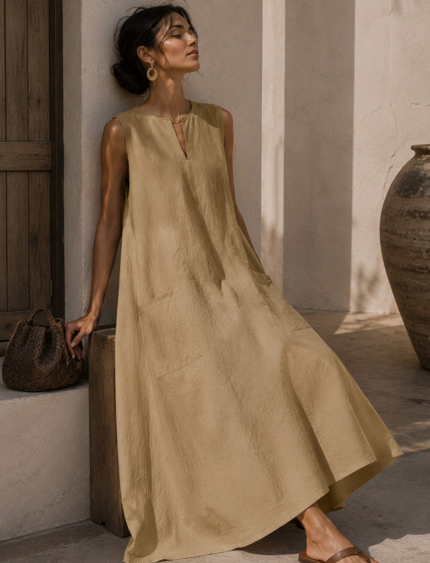 Damen Maxikleid ärmellos mit Rundhalsausschnitt