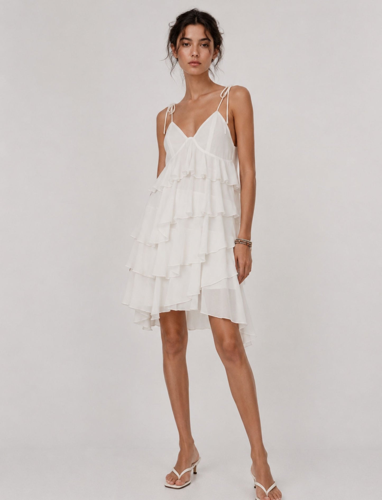 Damen Volantkleid Mini mit Stufen und Bindeträgern