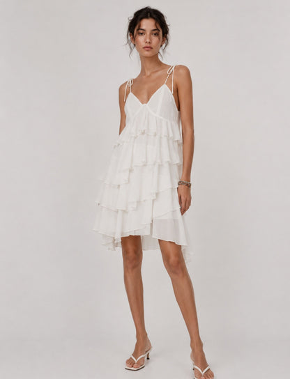 Damen Volantkleid Mini mit Stufen und Bindeträgern