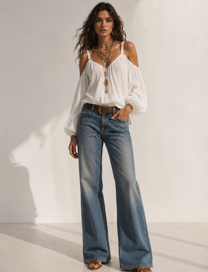 Damen Cold Shoulder Bluse mit Ballonärmeln und Bindung