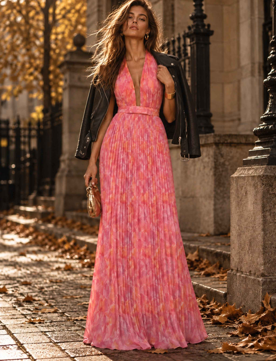 Plissiertes Neckholder Maxikleid  Abendkleid