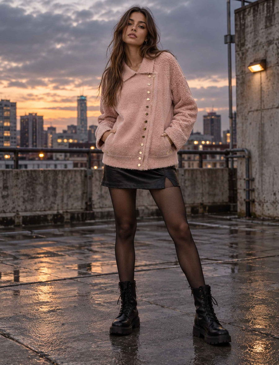 Bouclé-Jacke mit Kragen und Reißverschluss