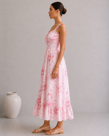 Elegantes florales Damen Maxikleid in Rosa für Sommer und Urlaub