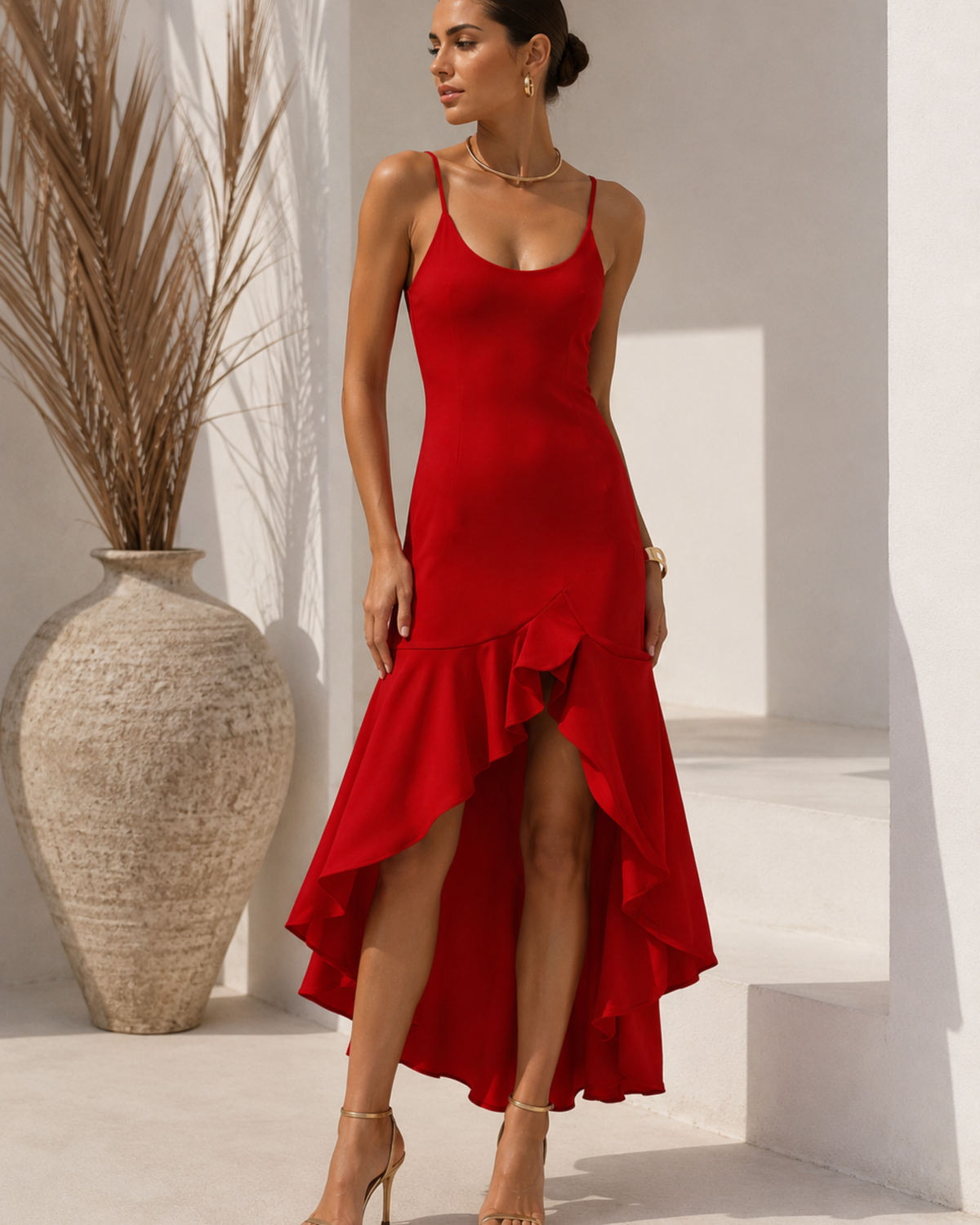 Damen High-Low Midikleid mit Rüschen und Schlitz