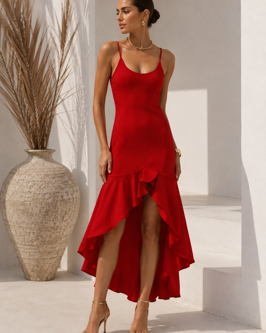 Damen High-Low Midikleid mit Rüschen und Schlitz