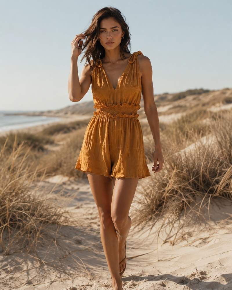 Model trägt einen ockerfarbenen ärmellosen Damen Jumpsuit mit V-Ausschnitt, Schleifenträgern und Shorts in den Sanddünen am Meer.
