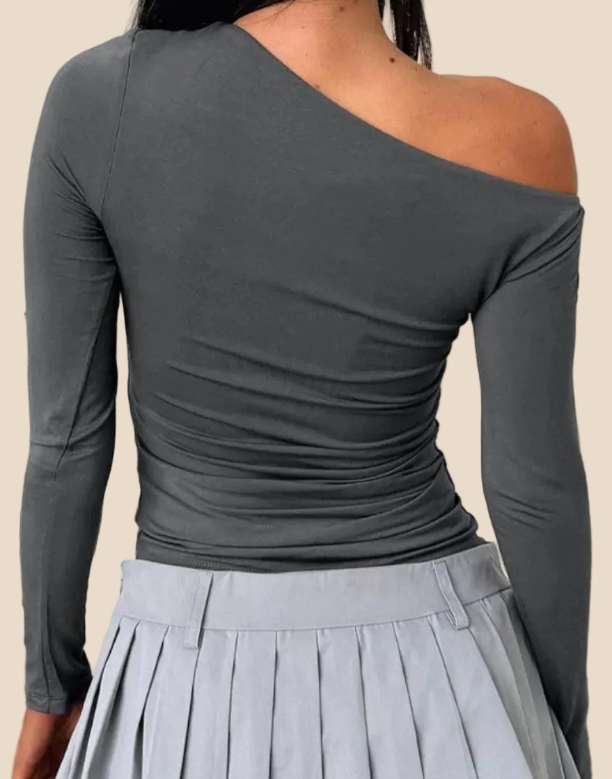 Graues One-Shoulder Langarmshirt für Damen mit asymmetrischem Ausschnitt und figurbetontem Schnitt