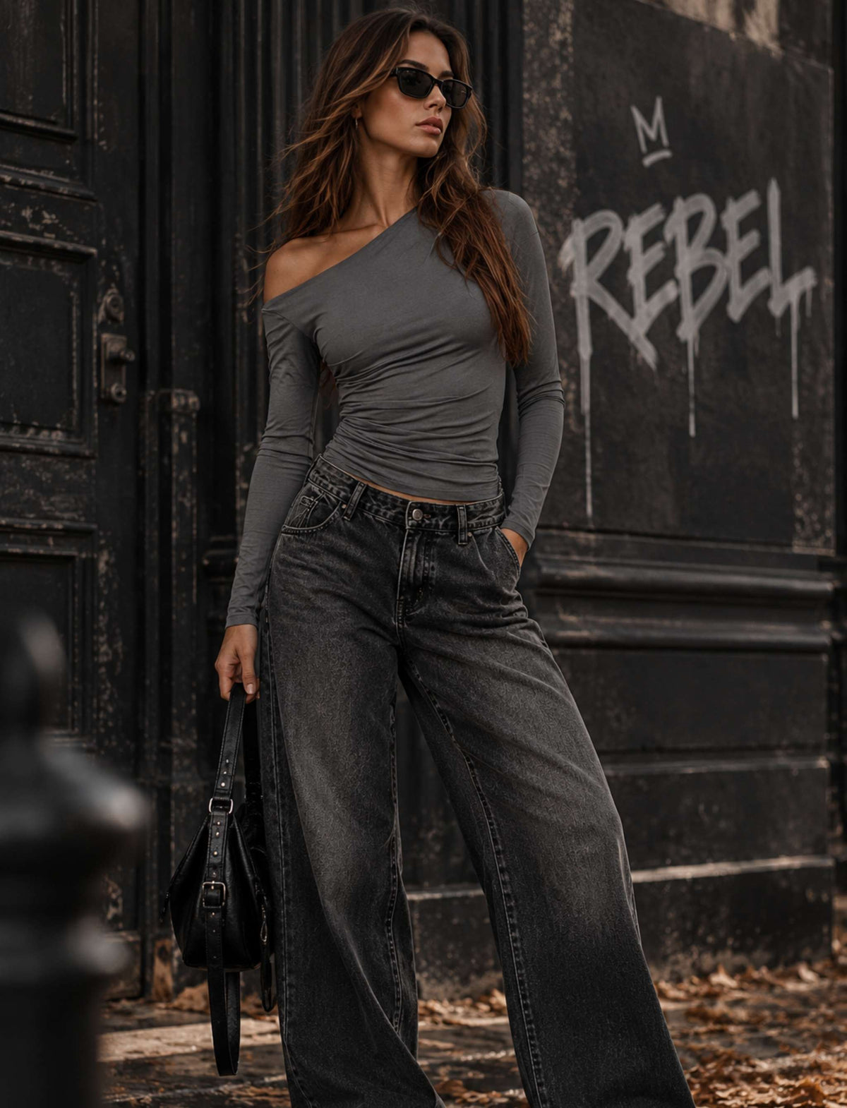 Graues One-Shoulder Top für Damen mit langen Ärmeln kombiniert in einem REBEL Outfit