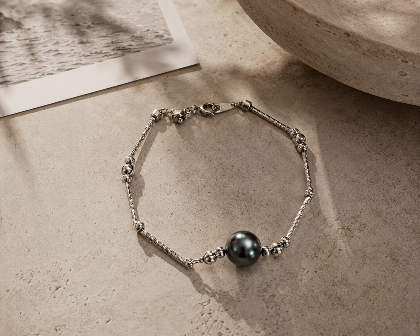 Dunkelgraues Damen Perlenarmband aus 925 Sterling Silber