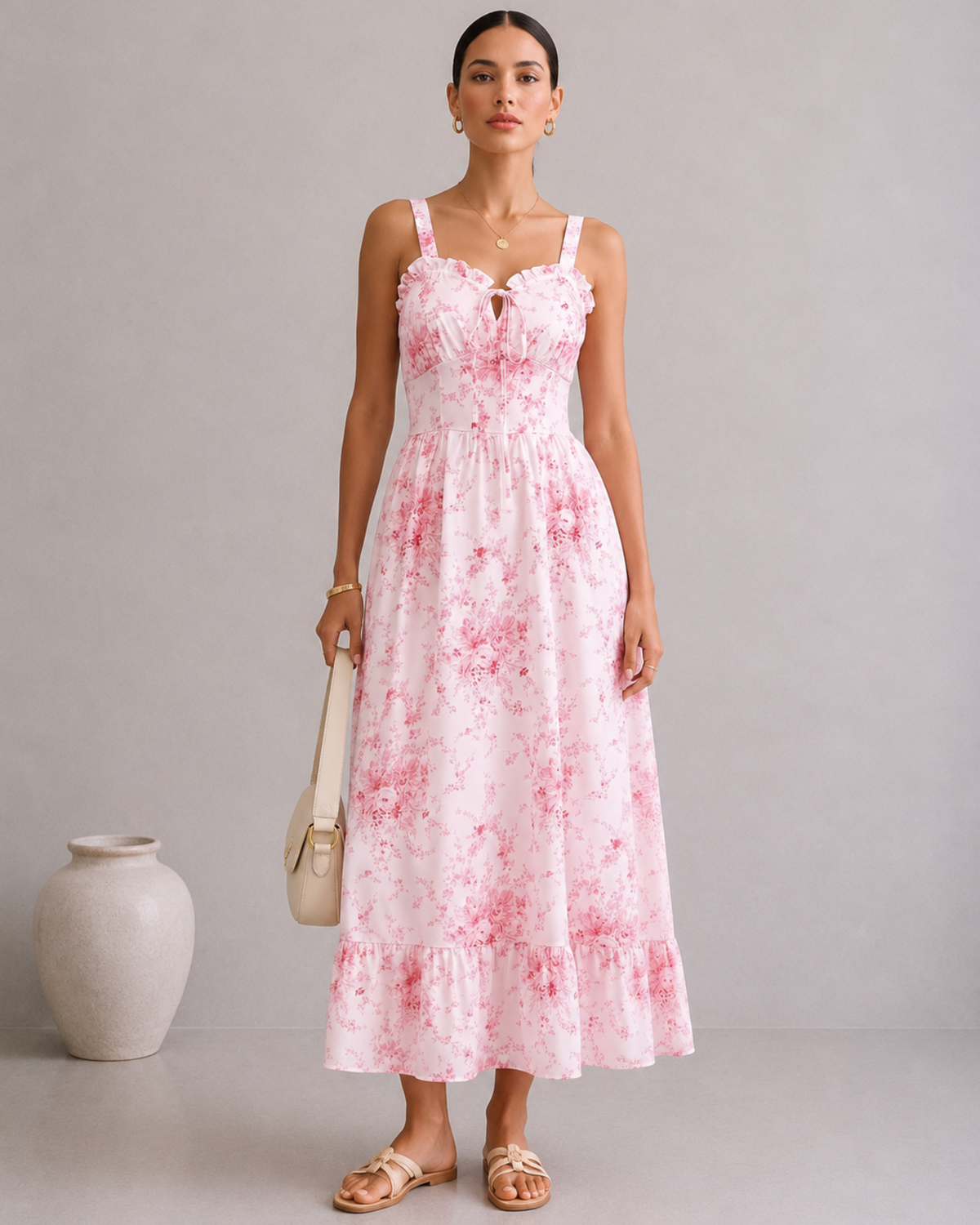 Floral Print Frill Trim Cami Dress