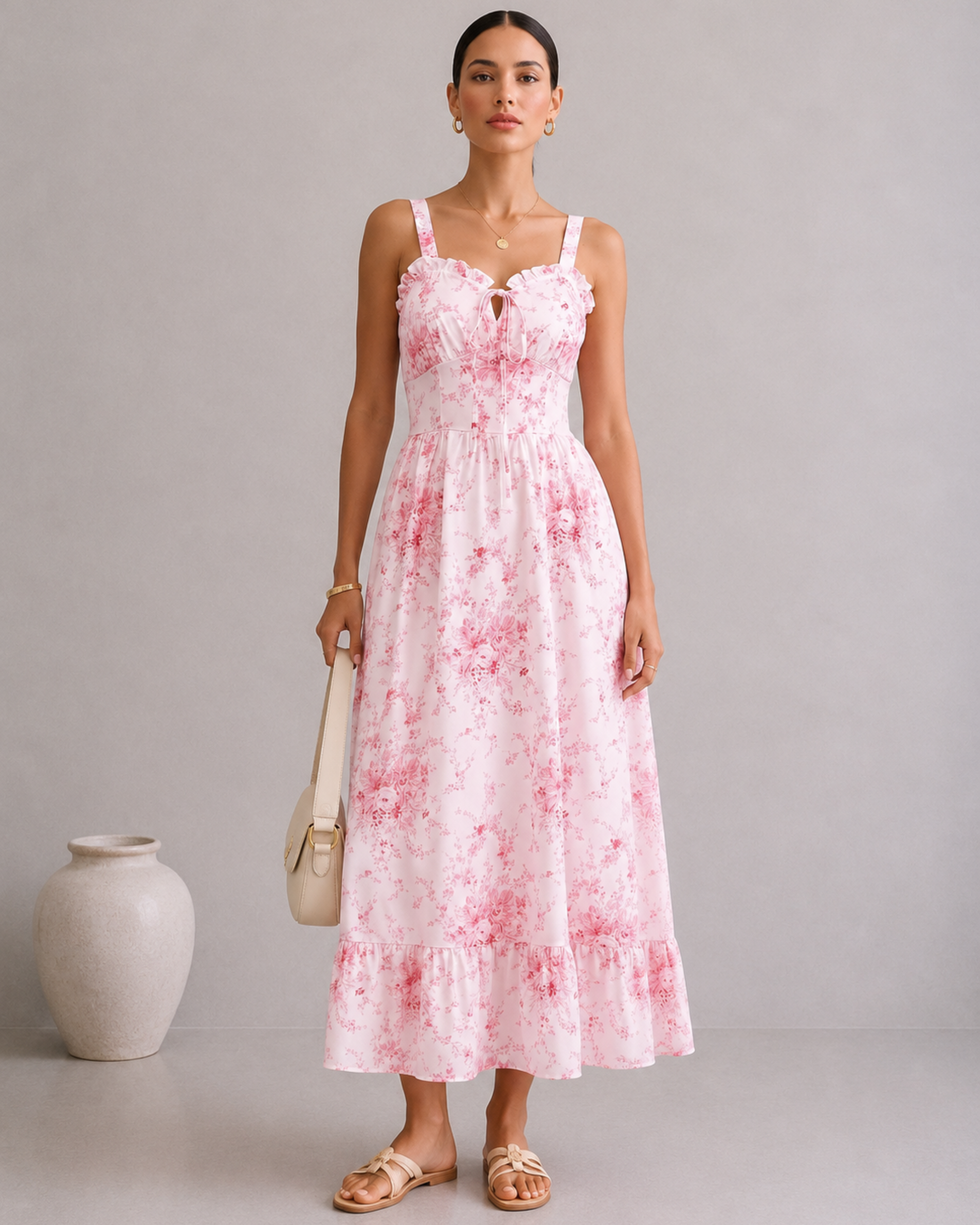 Rosa Damen Maxikleid mit floralem Muster und Spaghettiträgern