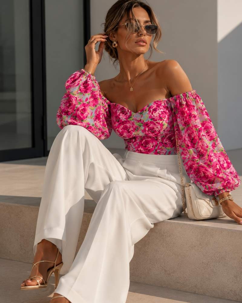 Damen Off-Shoulder Bluse mit Blumenmuster