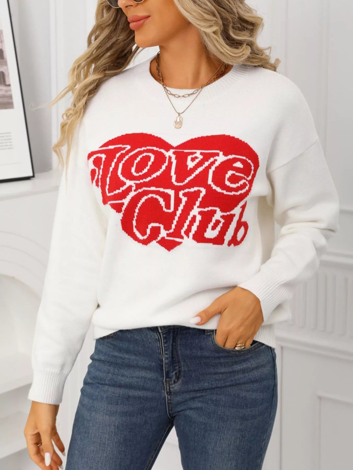 Damen Pullover Love Club Herz Print Rundhals Sweatshirt