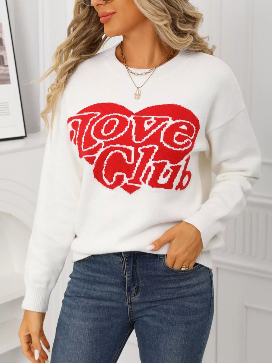 Damen Pullover Love Club Herz Print Rundhals Sweatshirt