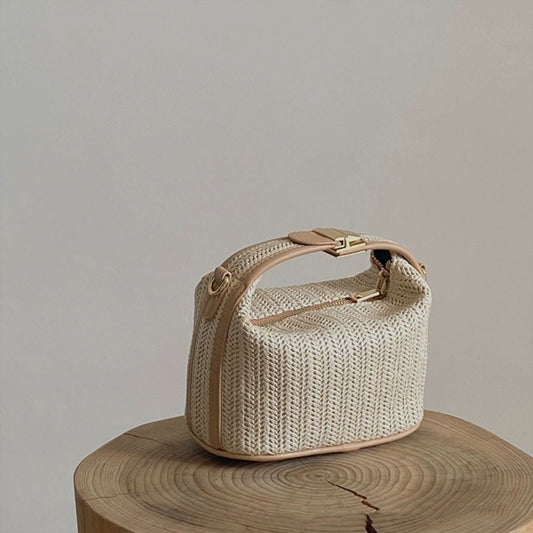 Damen Strohtasche mit Kettenriemen Beige