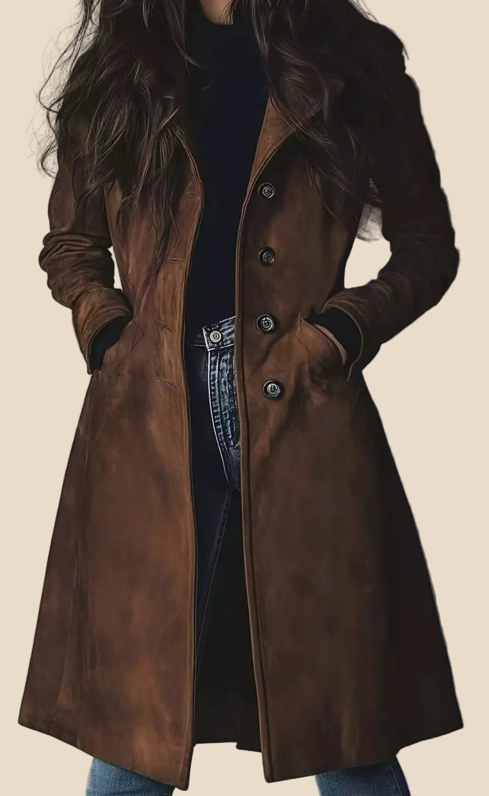Vorderansicht eines braunen Trenchcoats für Damen mit Knöpfen und taillierter Silhouette