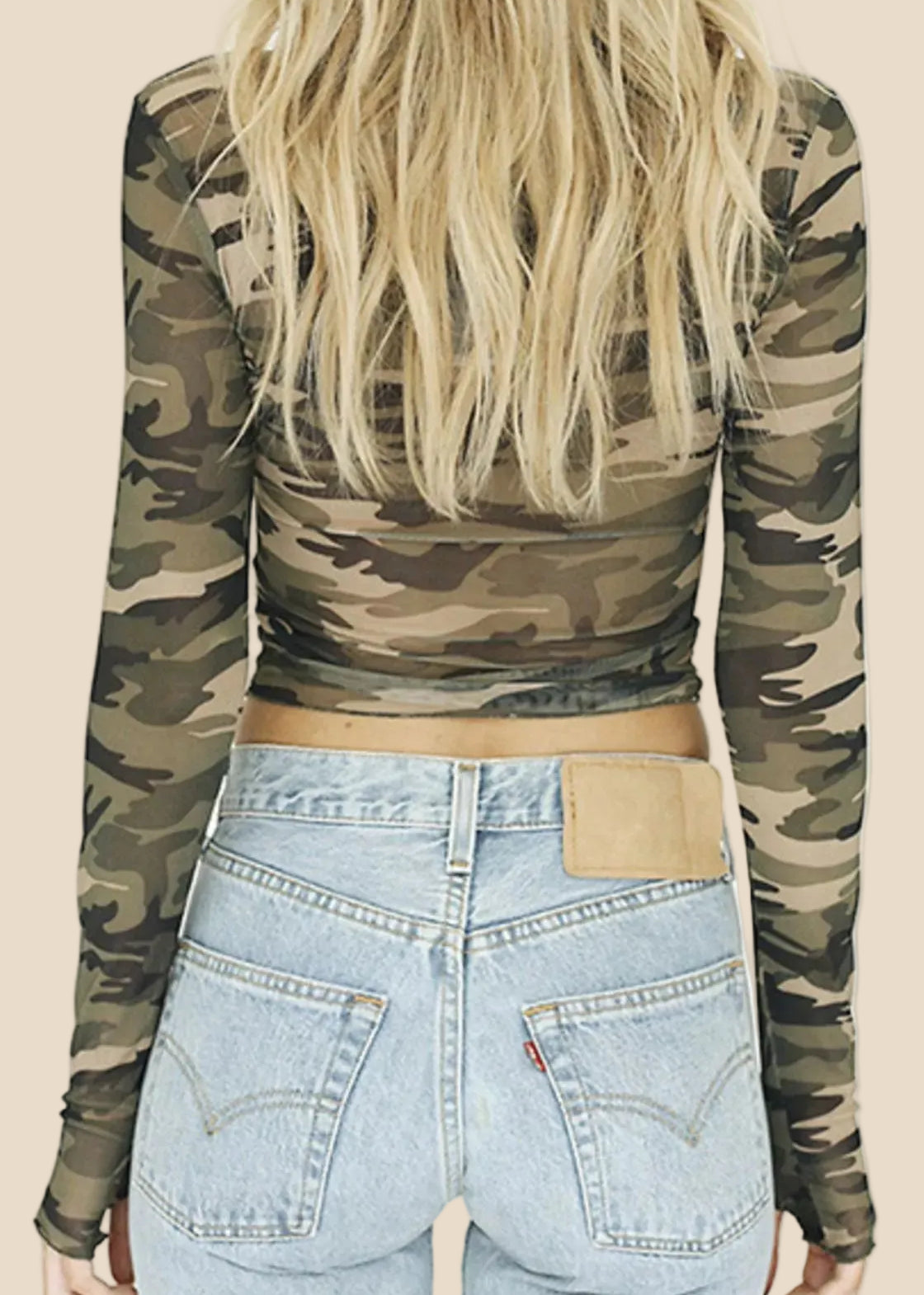 Rückansicht des transparenten Camouflage Mesh-Tops für Damen mit langen Ärmeln