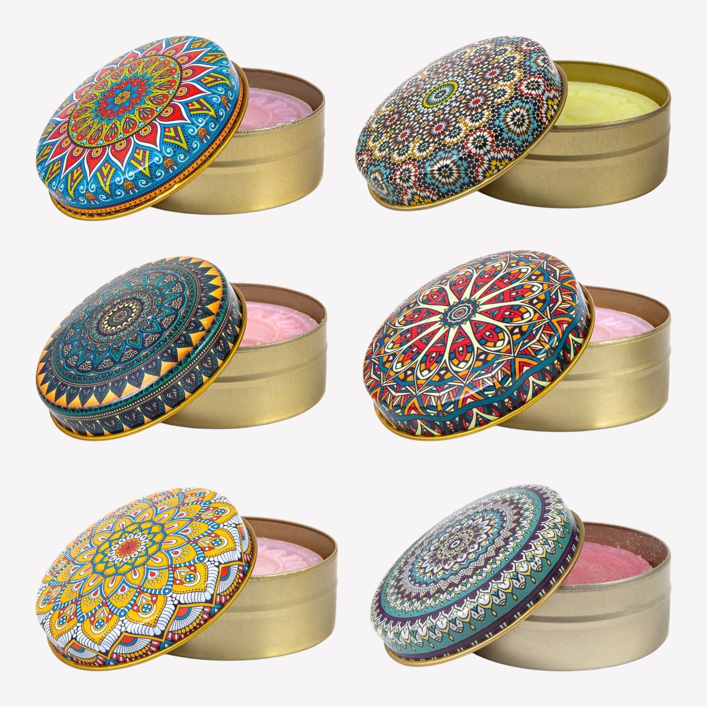 Natürliche Olivenölseife in dekorativer Dose - 6er Set - Mandala - Duftmix