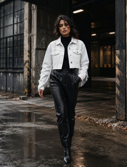 Kurze Cropped Jeansjacke für Damen mit auffälligen langen Fransen