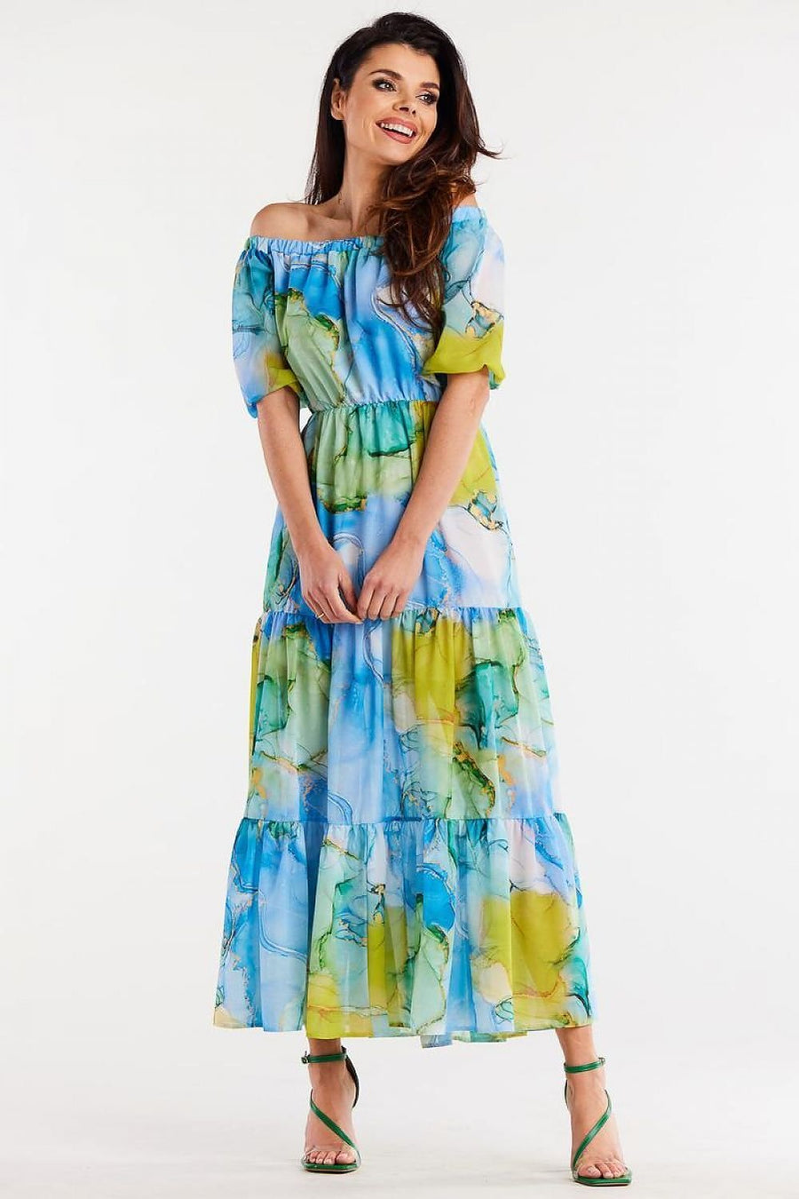 Gemustertes Maxikleid mit Carmen-Ausschnitt und Rüschen