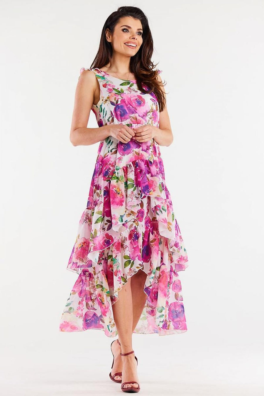 Florales asymmetrisches Midi-Kleid mit Volants