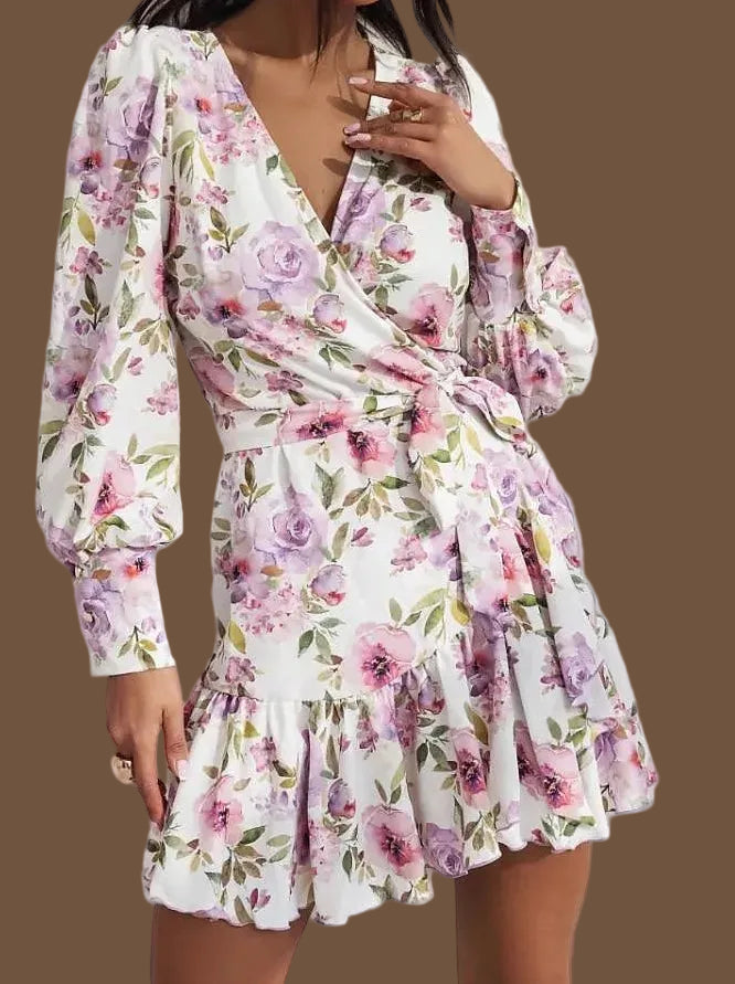 Damen Wickelkleid weiß rosa Blumen langarm elegantes Sommerkleid kurzer Schnitt feminin