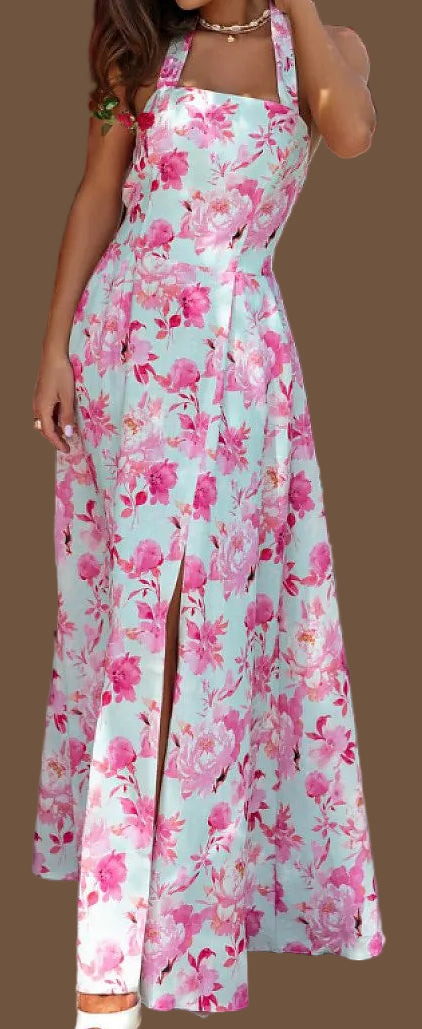 Damen Sommerkleid lang rosa Blumen elegant langes Kleid schulterfrei hoher Schlitz feminin
