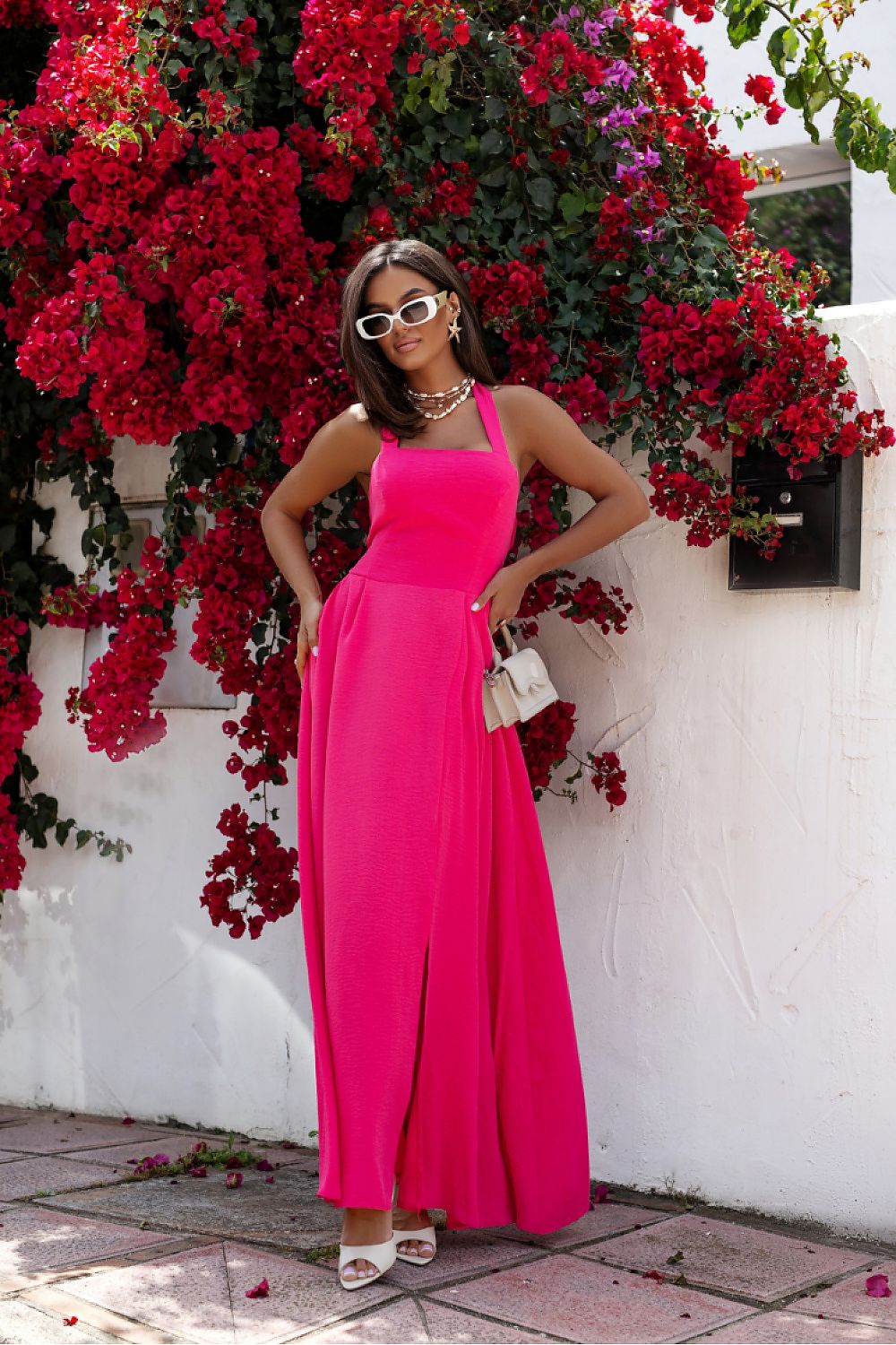 Damen Sommerkleid lang pink elegant langes Kleid schulterfrei hoher Schlitz feminin modern