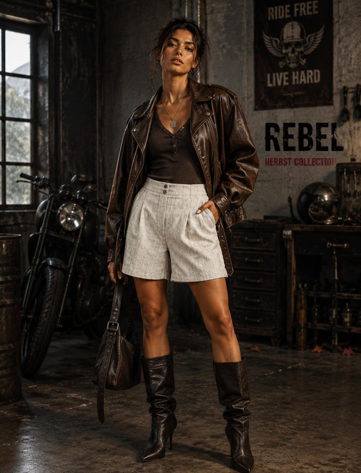 Damen Rebel Herbst Outfit mit beigen High Waist Shorts, brauner Lederjacke, braunem Top und hohen braunen Stiefeln